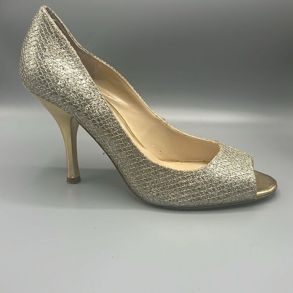 Nine West Open Toe Gold Glitter Heels - Picture 1 of 7